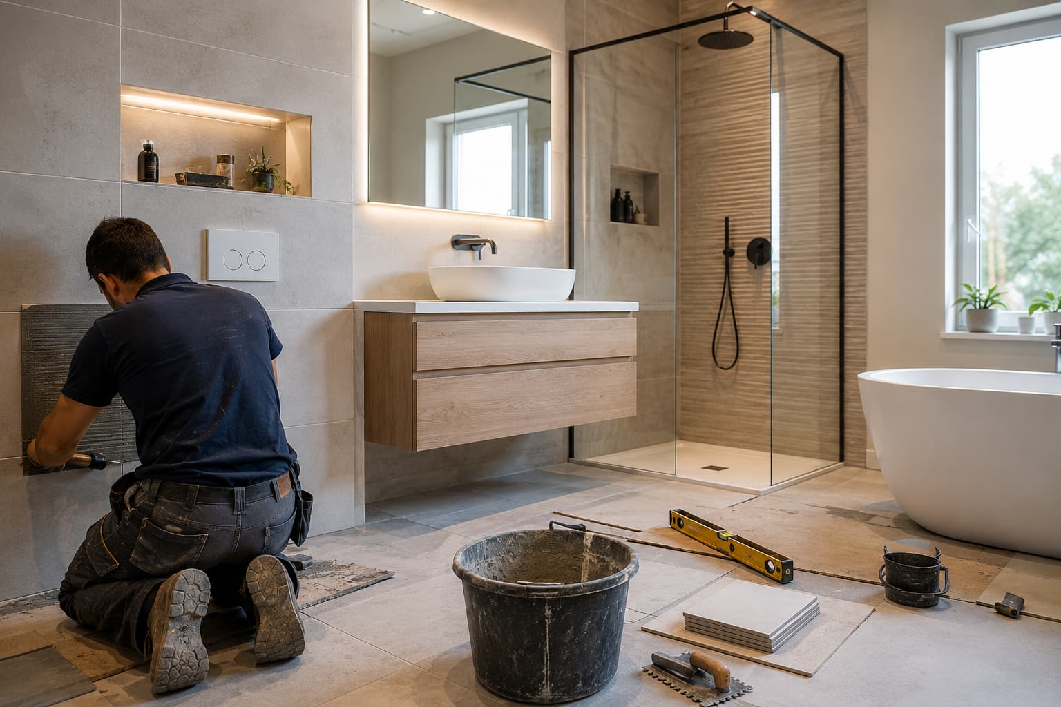 Bagno ristrutturato con rivestimenti chiari e sanitari moderni