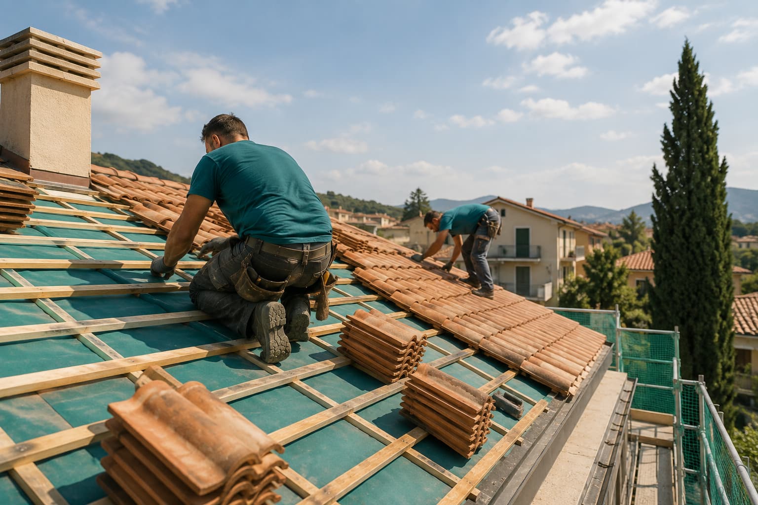 Operaio al lavoro su un tetto con tegole